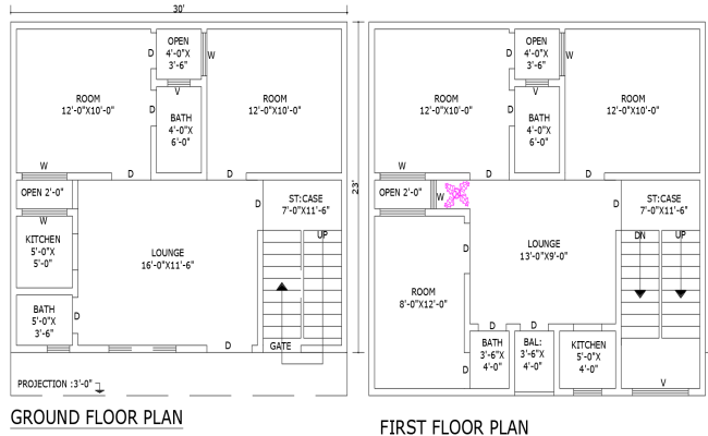 30ft x 23ft Ground and First Floor Plan Layout Design AutoCAD DWG File