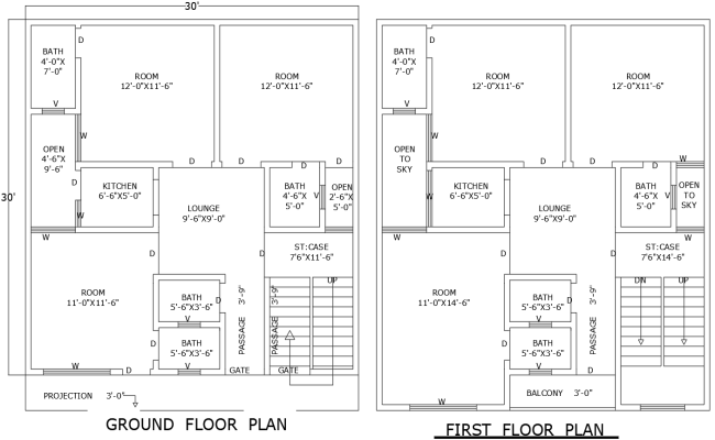 AutoCAD Drawing of 30ft×30ft Double Floor Home Design