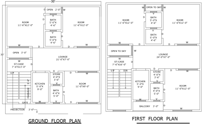 30ft×30ft Compact Residential Floor Layout in DWG File