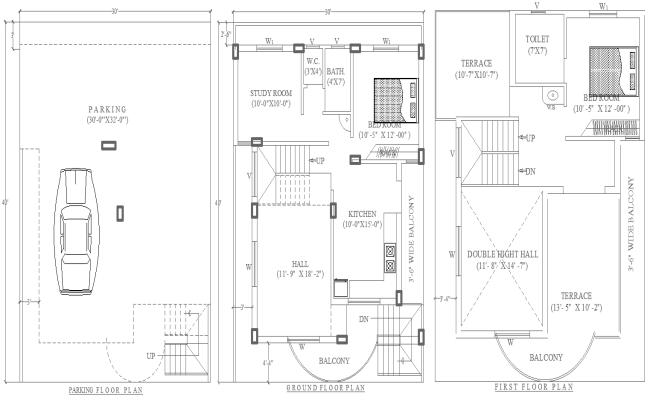 30ftx40ft Multi Floor 2BHK House Plan with Parking DWG File