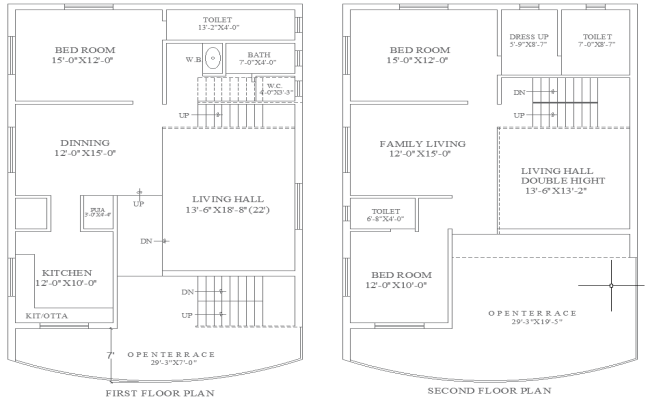 Modern 3BHK House Plan 30ftx46.8ft Two Floor DWG File