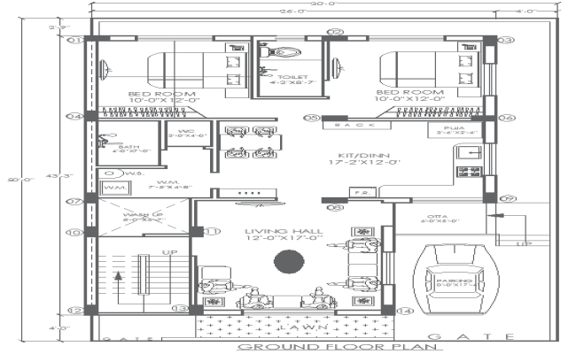30ftx50ft 2BHK Ground Floor House Plan in DWG Format
