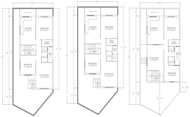 30x61Ft Three Unique 2BHK House Plan Designs in DWG File