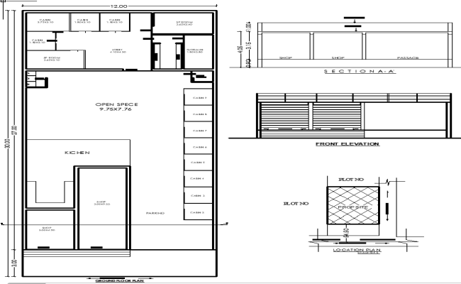 30x12m Commercial Building CAD Plan with Elevation and Section