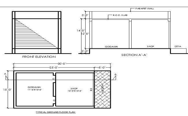 30x15 Godown and Shop Plan in AutoCAD File with Detailed Elevation