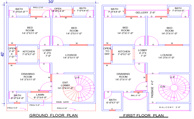 30'x40' House Plan AutoCAD DWG with 4 Bedrooms & Lawn