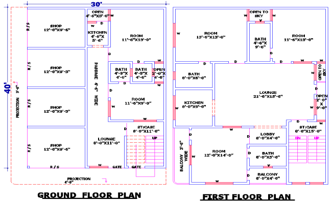 30x40 Residential Commercial House Plan DWG with Shops and Flats