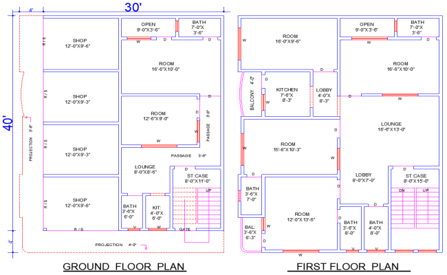 30x40 House Layout CAD File with Six Bedrooms Shops and Balconies