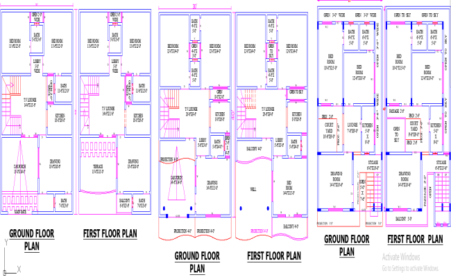 30x40 House Plan with 3 Unique Unit Layout Designs in AutoCAD DWG File