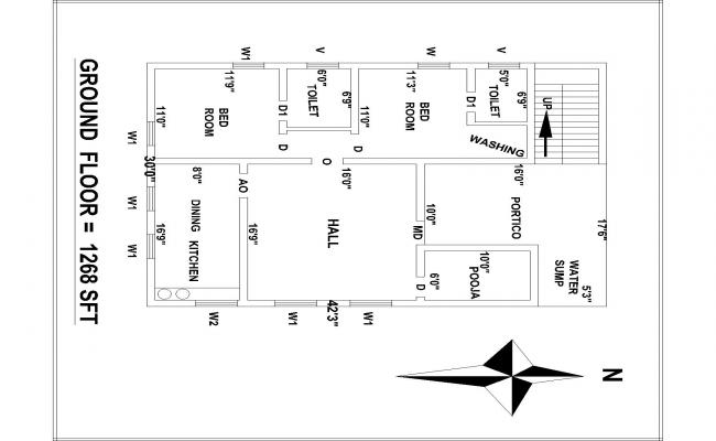 30’x42’3" North Facing 2 BHK House Plan Vastu Shastra CAD drawing 