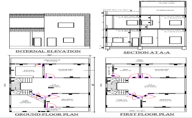 30x45 House Plan with Elevation in DWG Drawing Format