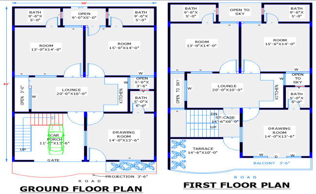 30x45 Two-Story House Plan in AutoCAD DWG File Layout