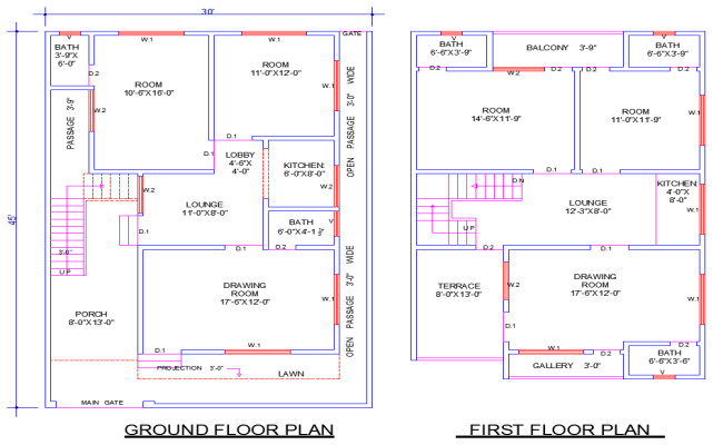 30'x45' House Plan DWG with 4 Bedrooms and 5 Baths Terrace