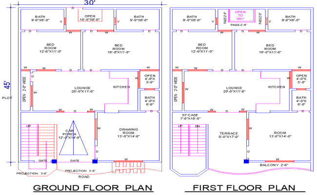 30x45 Residential House Plan with 5 Bedrooms and Parking DWG File