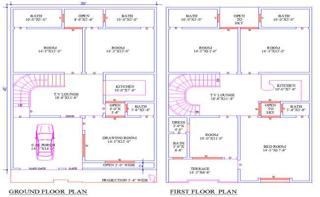 30x45 House Plan DWG CAD with 6 Bedrooms, Terrace and Parking