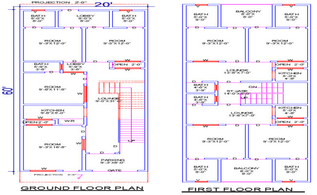 30'x50' 8 Bedroom House Plan DWG with 9 Bath Arrangement
