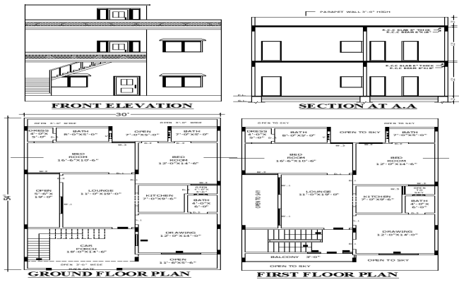 30x54 Two-Story House Plan with Porch in AutoCAD Format