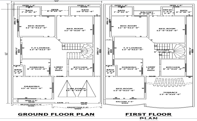 30x60 Architectural Residential Plan With AutoCAD DWG Layout Plan