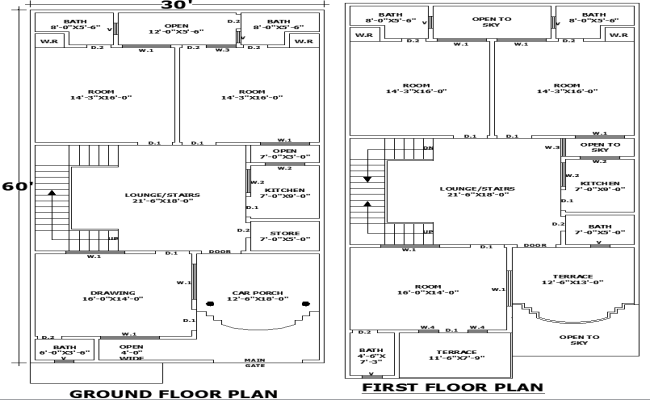 30x60 Double-Story House Plan in AutoCAD DWG Format