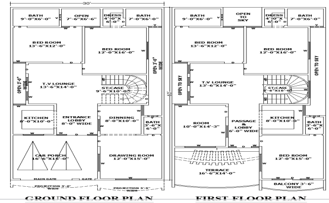 30x60 Residential Architectural Layout Plan in DWG CAD Format