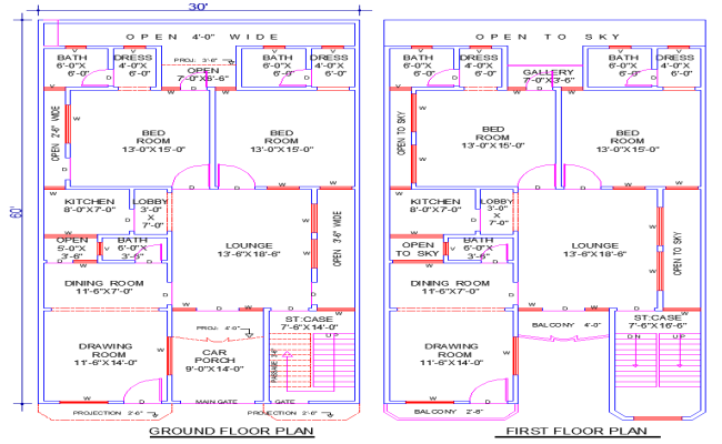 30'x60' House Plan AutoCAD DWG with 4 Bedrooms & Parking