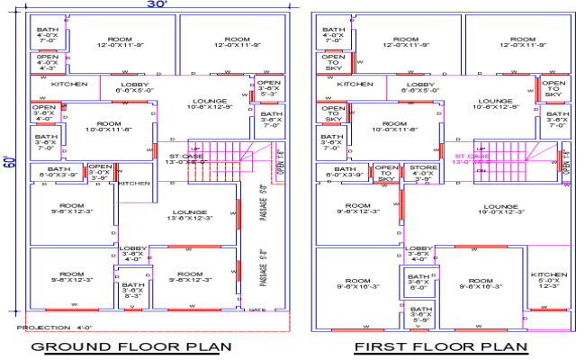 30x60 House Plan CAD Drawing File with 12 Bedrooms and 4 Lounges