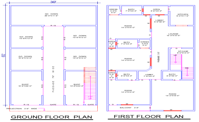 30x60 House Plan DWG File with 4 Bedrooms, Lounge, and Shops Layout