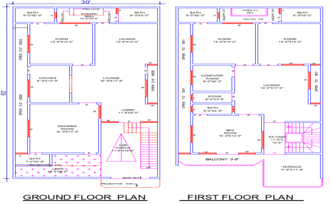 30x60 House plan DWG File with 4 Bedrooms and Balcony Layout