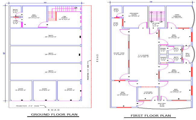 30x60 House Plan DWG File with 5 Bedrooms, Lounges and Shops Layout