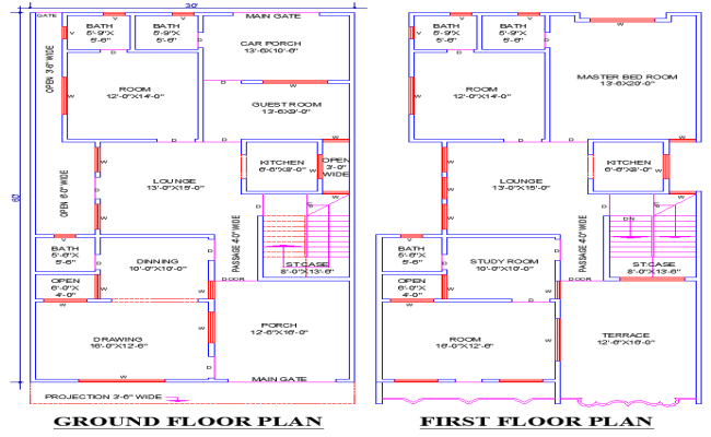30x60 House Plan DWG with 5 Bedrooms and Study Room Layout Design