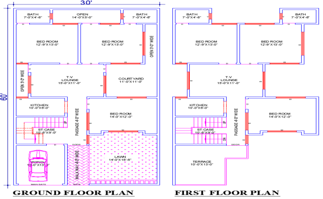 30x60 Residential CAD Drawing with 6 Bedrooms and Courtyard Layout