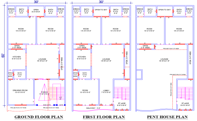 House Drawing File 30x60 with 7 Bedrooms and 4 Lounges CAD Design Plan