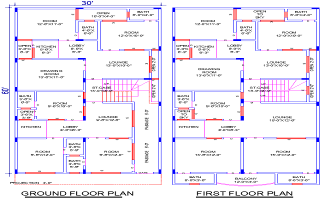 30x60 House Plan with 9 Bedrooms and 5 Living Rooms in AutoCAD File