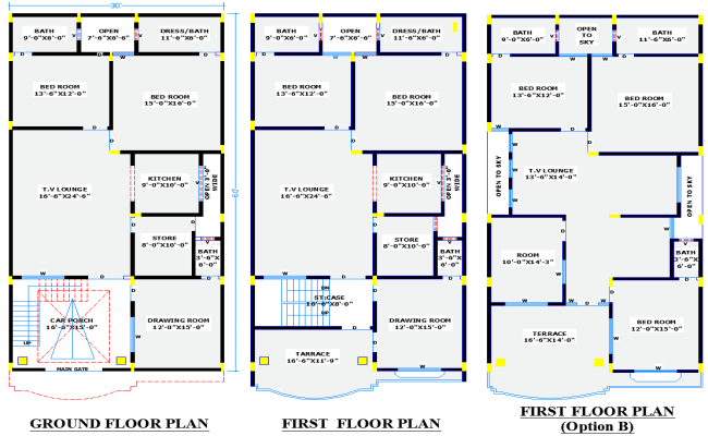30x60 Residential House Plan DWG with Two Floor Layouts