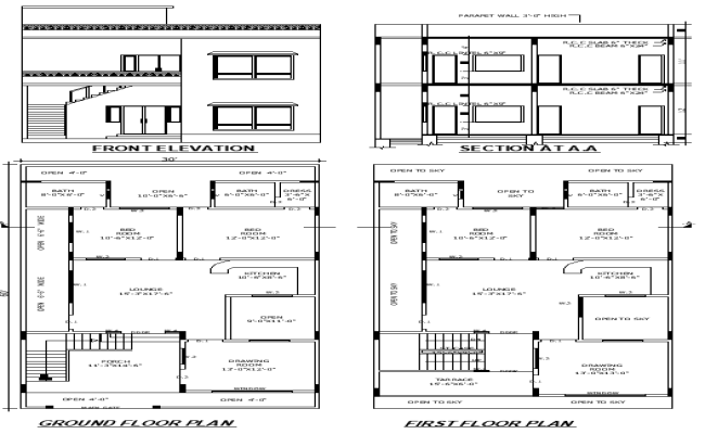 30x60 2-Story House Plan with Lounge and Porch in CAD File