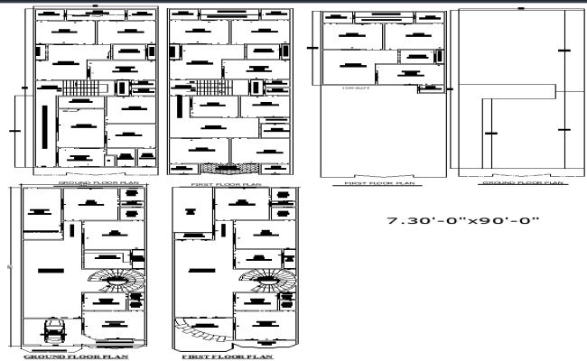 Three Efficient House Plans for 30x90 Plot in CAD DWG File
