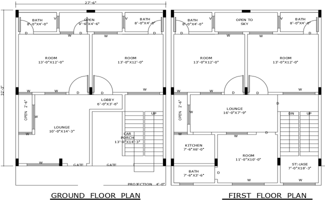32.3ft×27.6ft Residential House Floor Design in DWG File