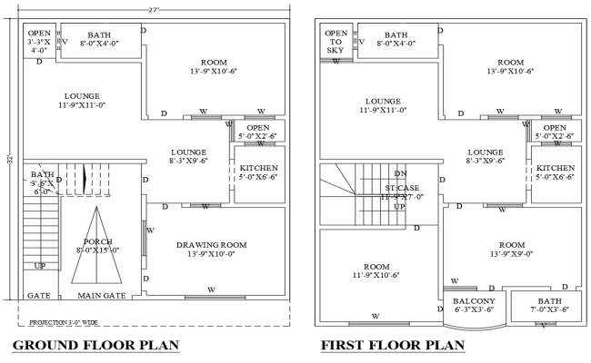 AutoCAD DWG 32ft×27ft Residential Plan with 2 Floors