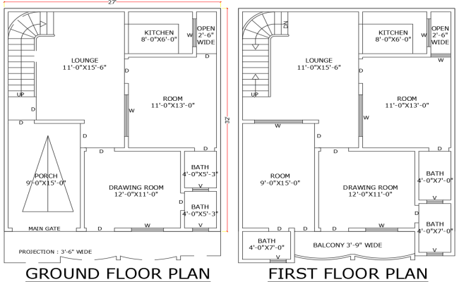 32ft×27ft 3BHK Floor Plan with Two Levels in DWG File