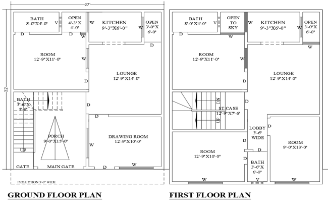 32ft×27ft Modern 4BHK House Layout Design in DWG File
