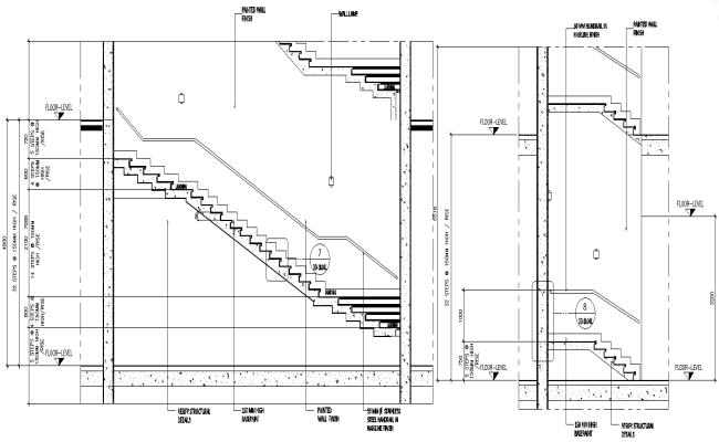32 steps 150 m high stairs details with section and calculations dwg autocad drawing .