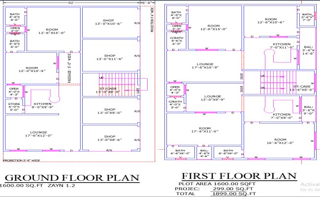 AutoCAD DWG Layout of 32x50 Mixed-Use House with Shops