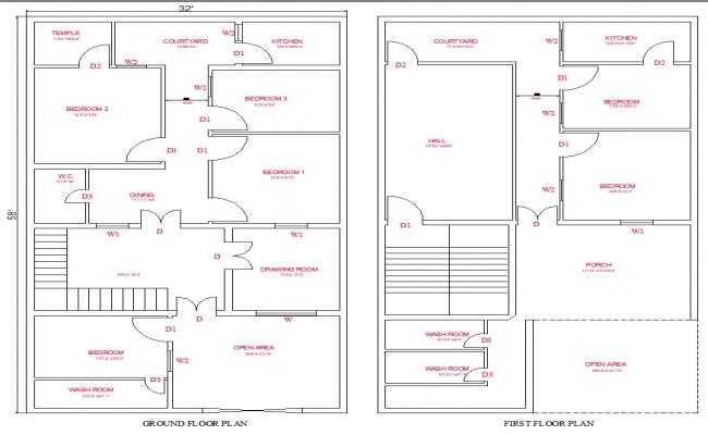 32x58 ground and first floot plan cad files 