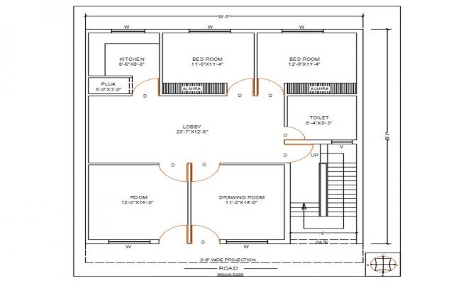33 X 40 Feet house ground Floor Plan DWG file