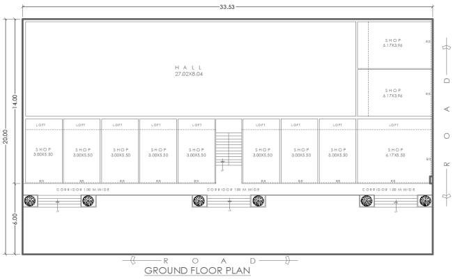 33.53m x 20m Ground Floor Shop Layout Plan – AutoCAD DWG File