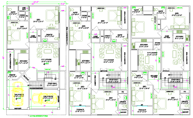 33.6×60 Triplex Bungalow CAD Drawing File Modern Layout