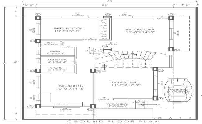 33ftx50ft Ground Floor 2BHK House Layout Plan in DWG File