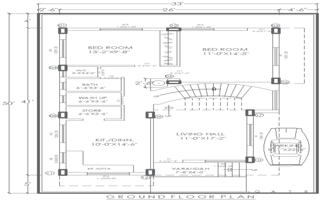 AutoCAD DWG of 33ftx50ft 2BHK Ground Floor House Plan