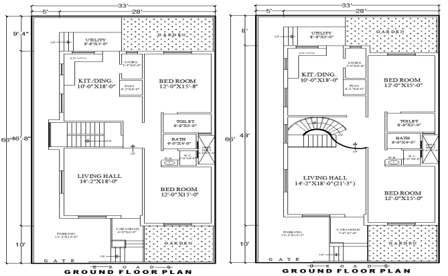 33ftx66ft Two House Plan Options Ground Floor in DWG File