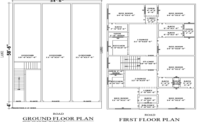 34×62 Commercial and Residential Two-Floor DWG File Plan